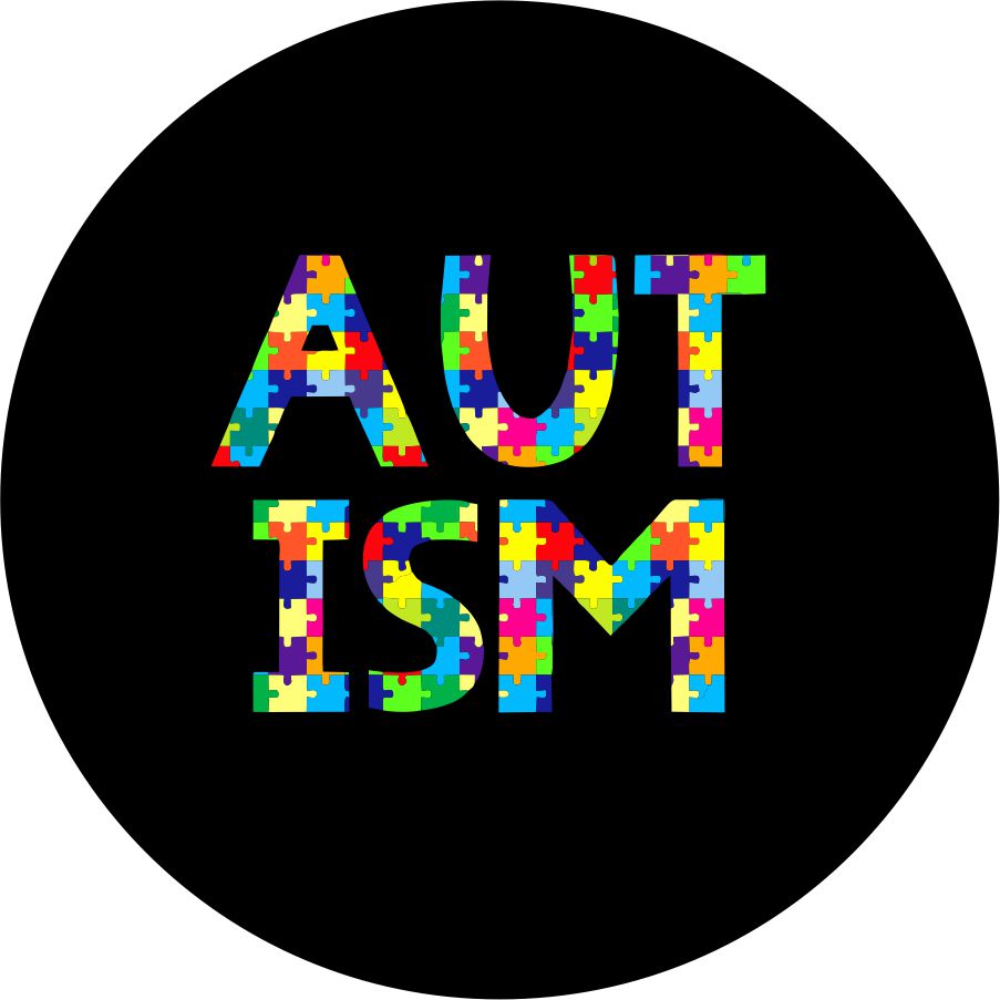 Autism awareness design of the word autism with the colorful puzzle pattern for a spare tire cover on any vehicle make or model.