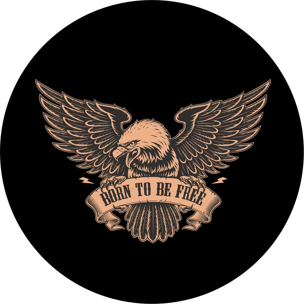 A vintage emblem of a fierce American bald eagle spare tire cover with a sign that says born to be free. Proud American patriotic spare tire cover design.