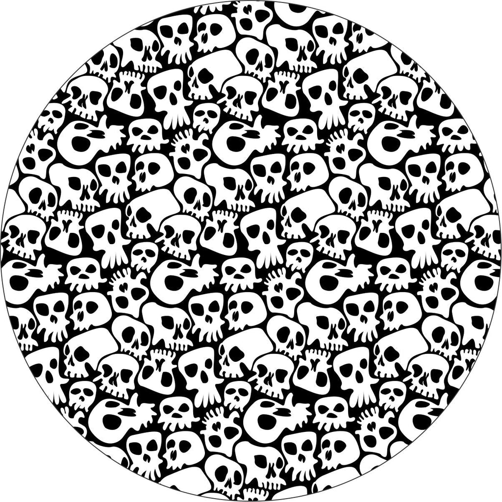 Fun and funky spooky skull spare tire cover pattern. Skulls covering the entire area of the black vinyl spare tire cover.