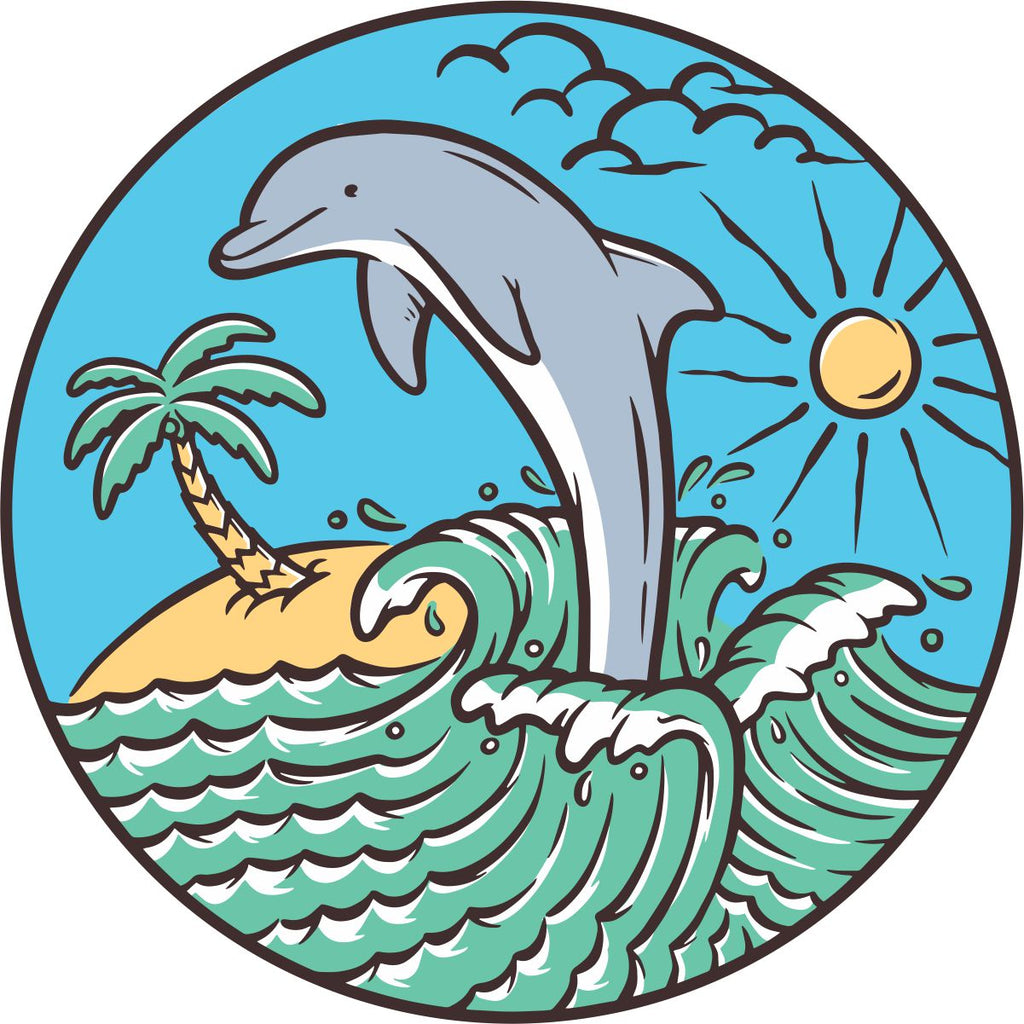 A tropical spare tire cover with a dolphin swimming on top of a wave. Creative beach theme spare tire cover design.