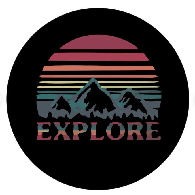 The word explore below a landscape silhouette of mountains and the sky or sun with layered jewel tones spare tire cover for campers, RV, Jeep, Broncos, and more