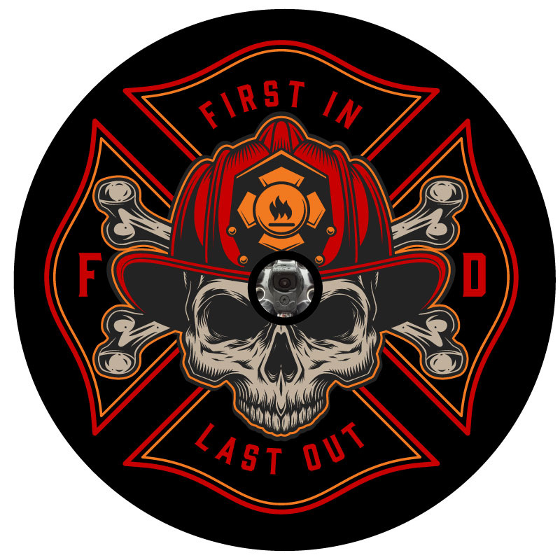 Firefighter insignia with the saying first in last out with a skull and cross bones wearing a fireman's hat helmet to be printed on black vinyl with back up camera