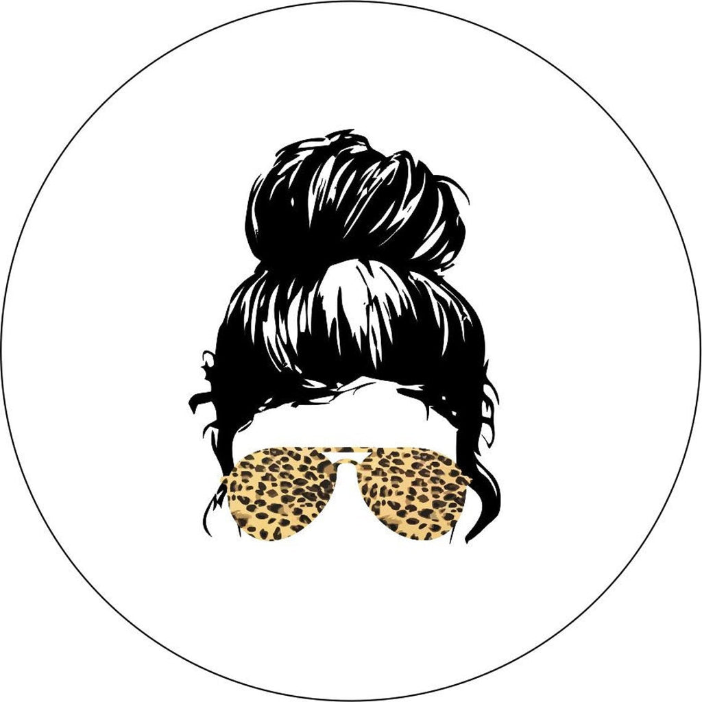 Top knot messy bun girl wearing cheetah leopard print sunglasses spare tire cover for Jeep, Bronco, RV, camper, and more. Spare tire cover design made for white vinyl