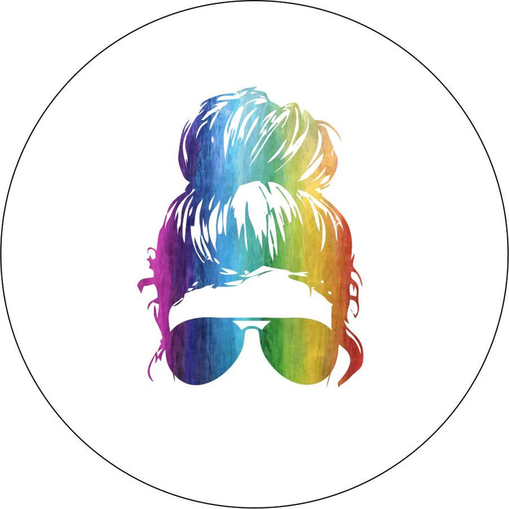 White vinyl Jeep, Bronco, RV, trailer, camper spare tire cover design of a silhouette top knot messy bun and sun glasses in rainbow colors.