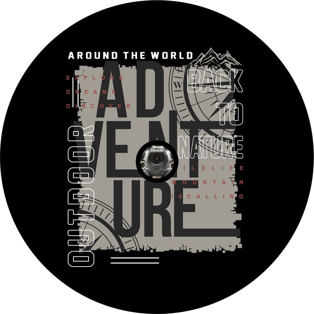 A fun creative spare tire cover for back up camera using typography to create an artistic design. Words like adventure, outdoor, around the world, bak to nature, explore, discover, and more with a compass design.