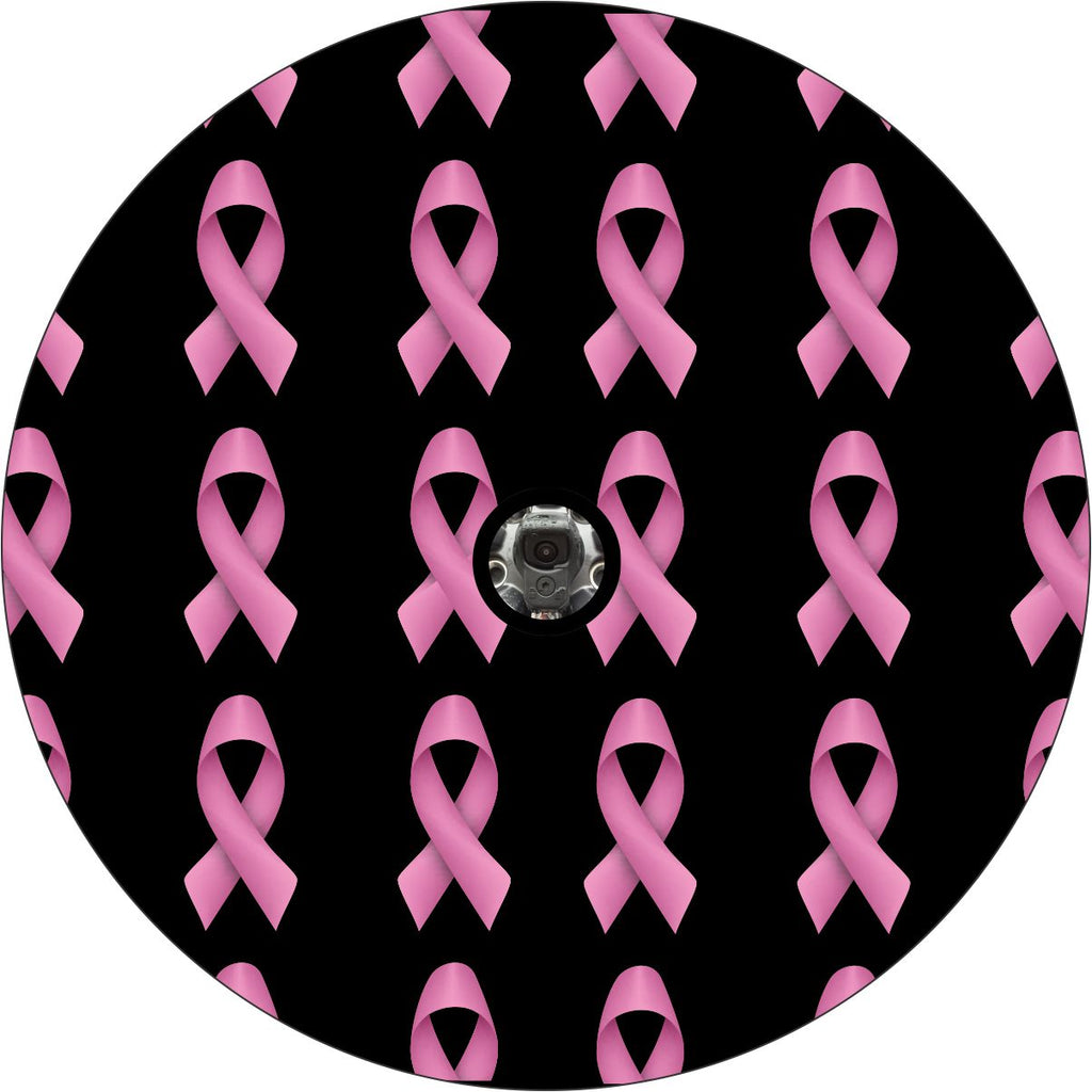 Black vinyl spare tire cover with a camera hole with a pattern of small pink ribbons to support breast cancer awareness