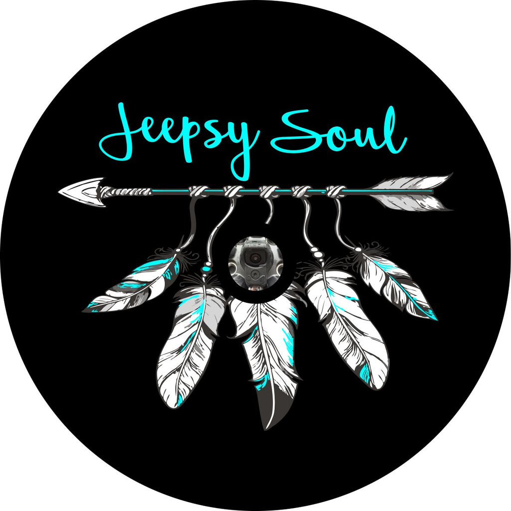 Jeepsy Soul with an Arrow and feather spare tire cover for Jeep design in turquoise with back up camera