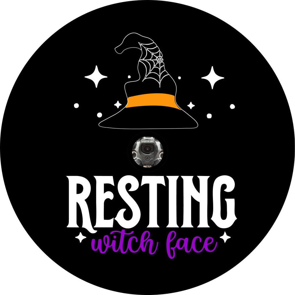 Resting witch face and a spooky witch hat spare tire cover design for the fall halloween season. This design is made to accommodate a back up camera.