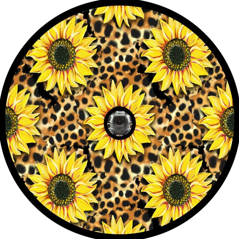 Leopard animal print and sunflower pattern Spare tire cover with back up camera