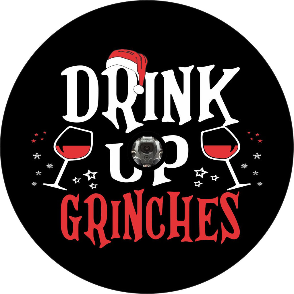 Holiday Christmas spare tire cover design. Drink up grinches, wine glasses clinking and a Santa hat spare tire cover. Design made to order to fit a spare tire cover with a back up camera.