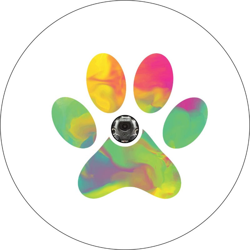 Tie dye paw print design on a white vinyl spare tire cover for a Jeep, Bronco, RV, camper, and any other vehicle request. Designed for a back up camera