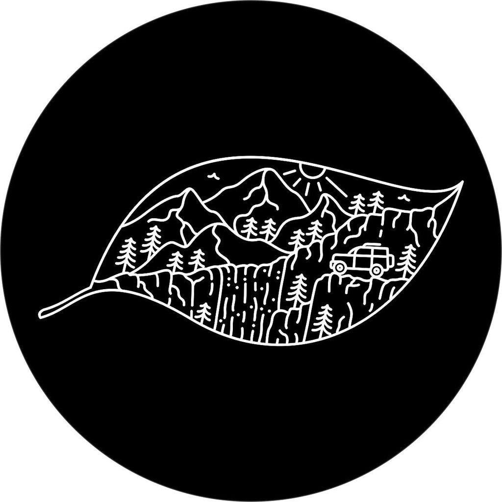 Creative spare tire cover design of a leaf outline and filled with hand drawn mountains and an exploring SUV.