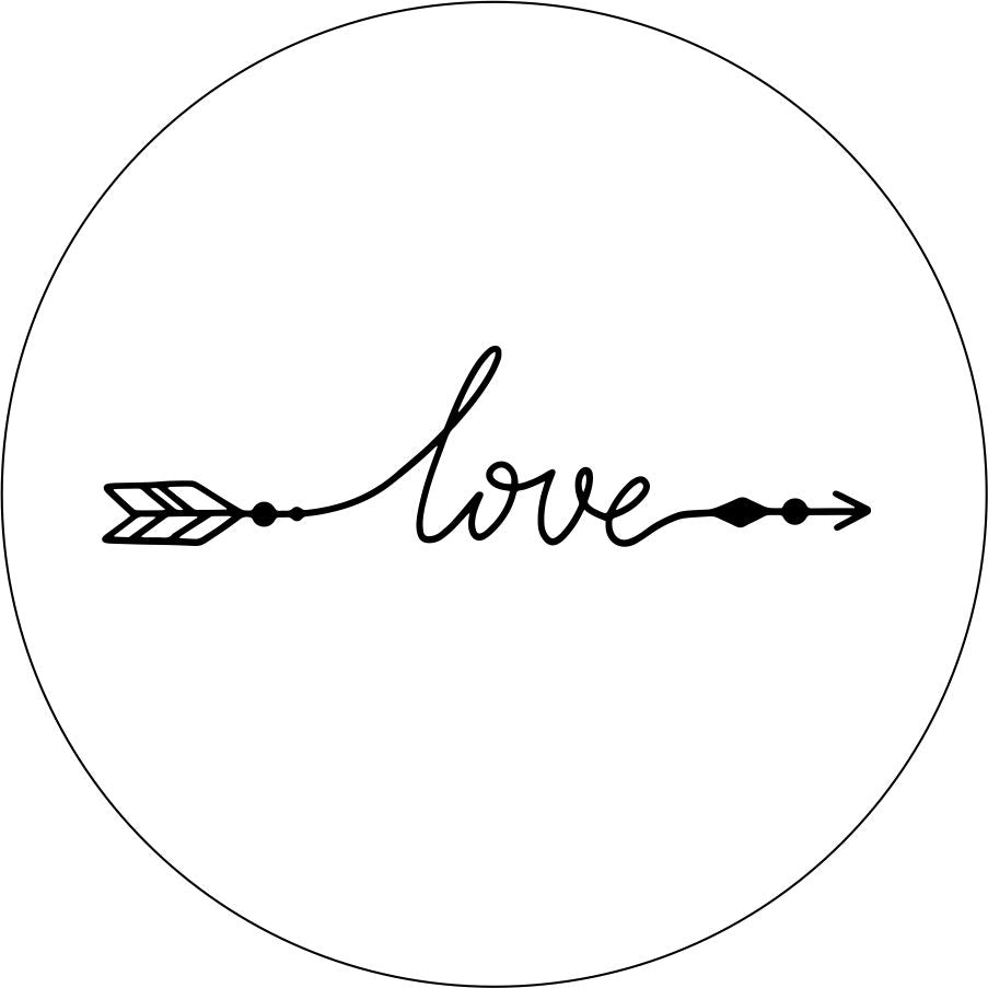 A simple spare tire cover design on white vinyl of the word love in a cursive font that with the beginning and end intended to look like an arrow.