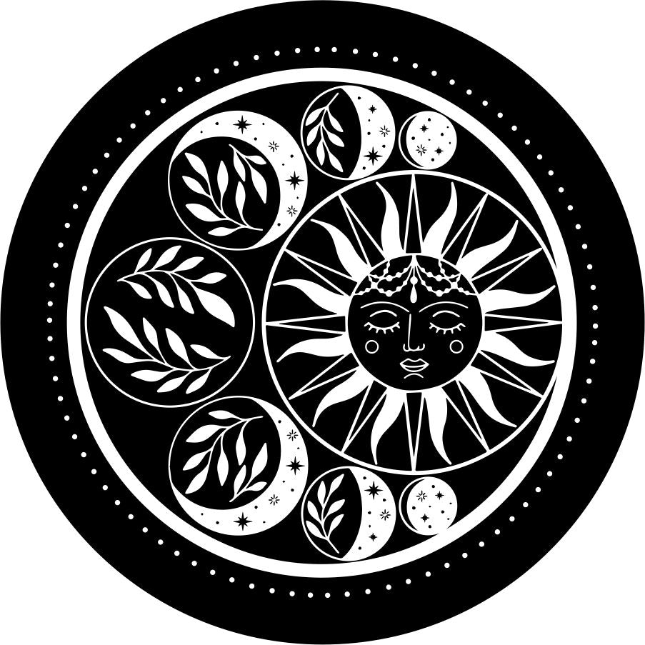 Detailed Moon Phase Around the Sun on a spare tire cover design
