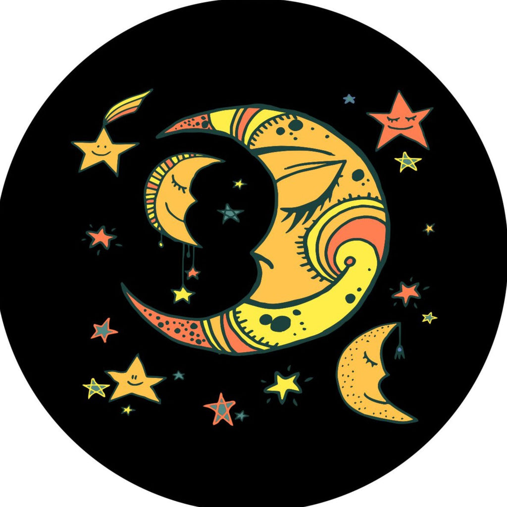 Cartoon designed graphics of sleeping moons and smiling stars prototype for a Jeep spare tire cover.