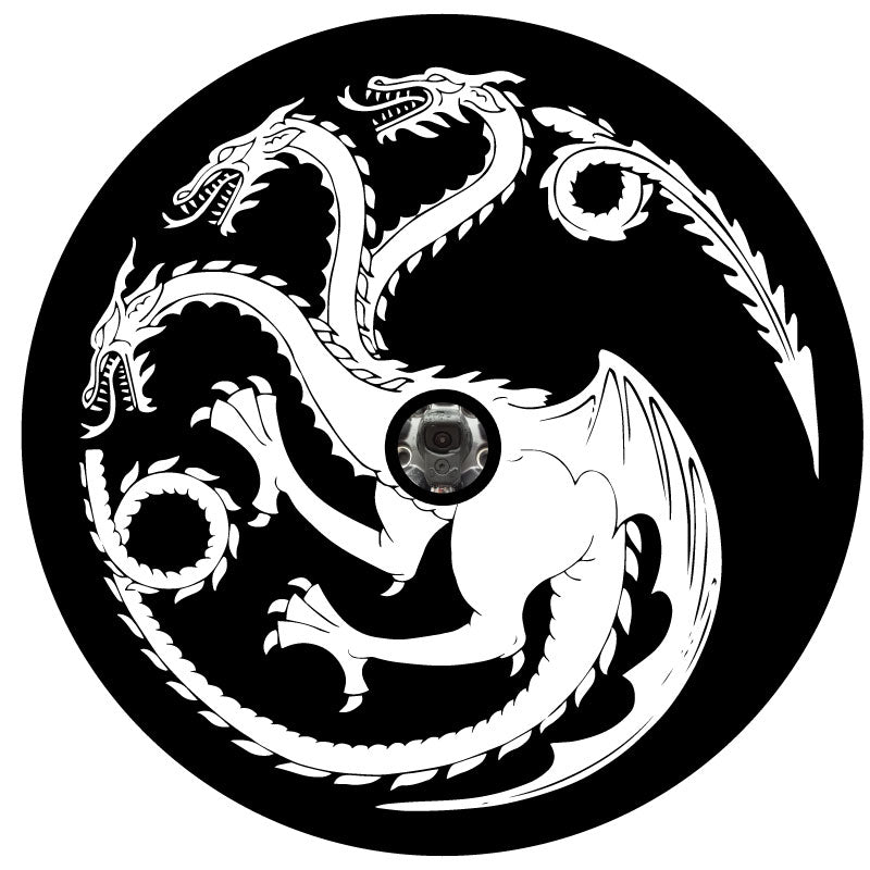 Black vinyl spare tire cover with back up camera of a white house targaryen sigil of the three dragon heads from Game of Thrones and House of the Dragon. Mother of Dragons.