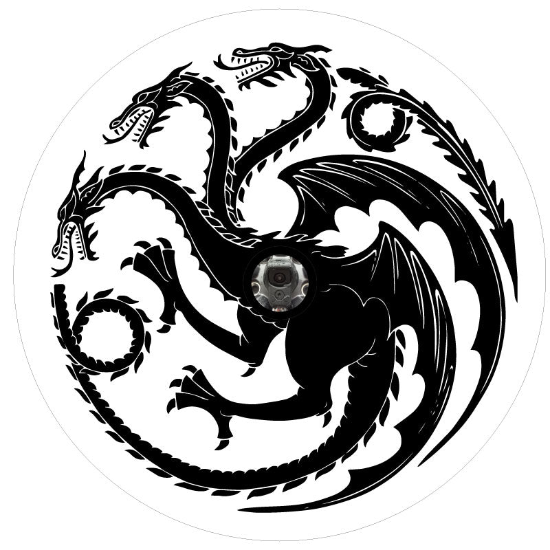 White vinyl spare tire cover with back up camera of a black house targaryen sigil of the three dragon heads from Game of Thrones and House of the Dragon. Mother of Dragons.