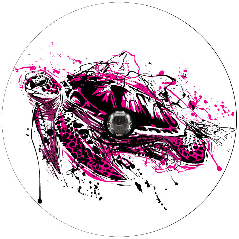 Tuscadero pink sea turtle paint splatter design spare tire cover for Jeep, Bronco, RV, camper, trailer, and more. Designed for white vinyl and a JL back up camera