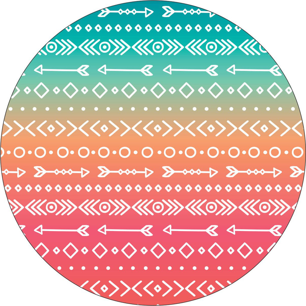 Turquoise, orange, and red ombre colored creative spare tire cover with arrow and Aztec or southwestern printed pattern.  Unique spare tire cover design for a wheel cover on a Bronco, Jeep, RV, camper, and more