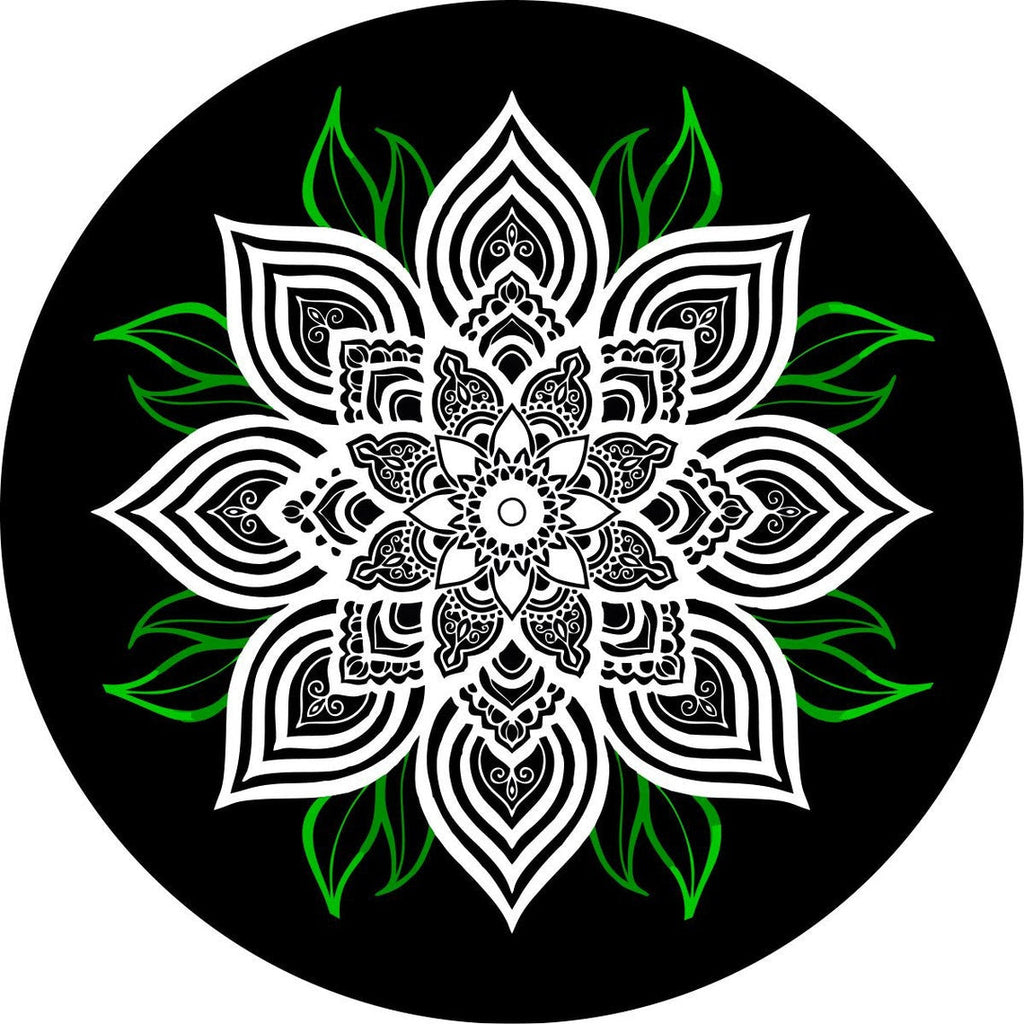 White Mandala Flower with Green Leaves