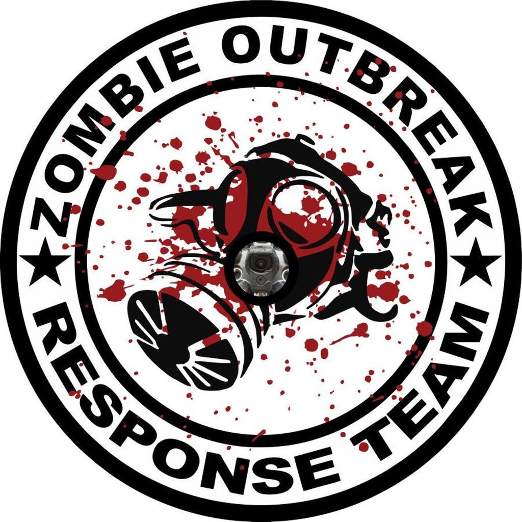 Gas mask graphic with blood splattered and zombie outbreak response team written on the edge spare tire cover for Jeep, RV, Bronco, Camper and more with back up camera design