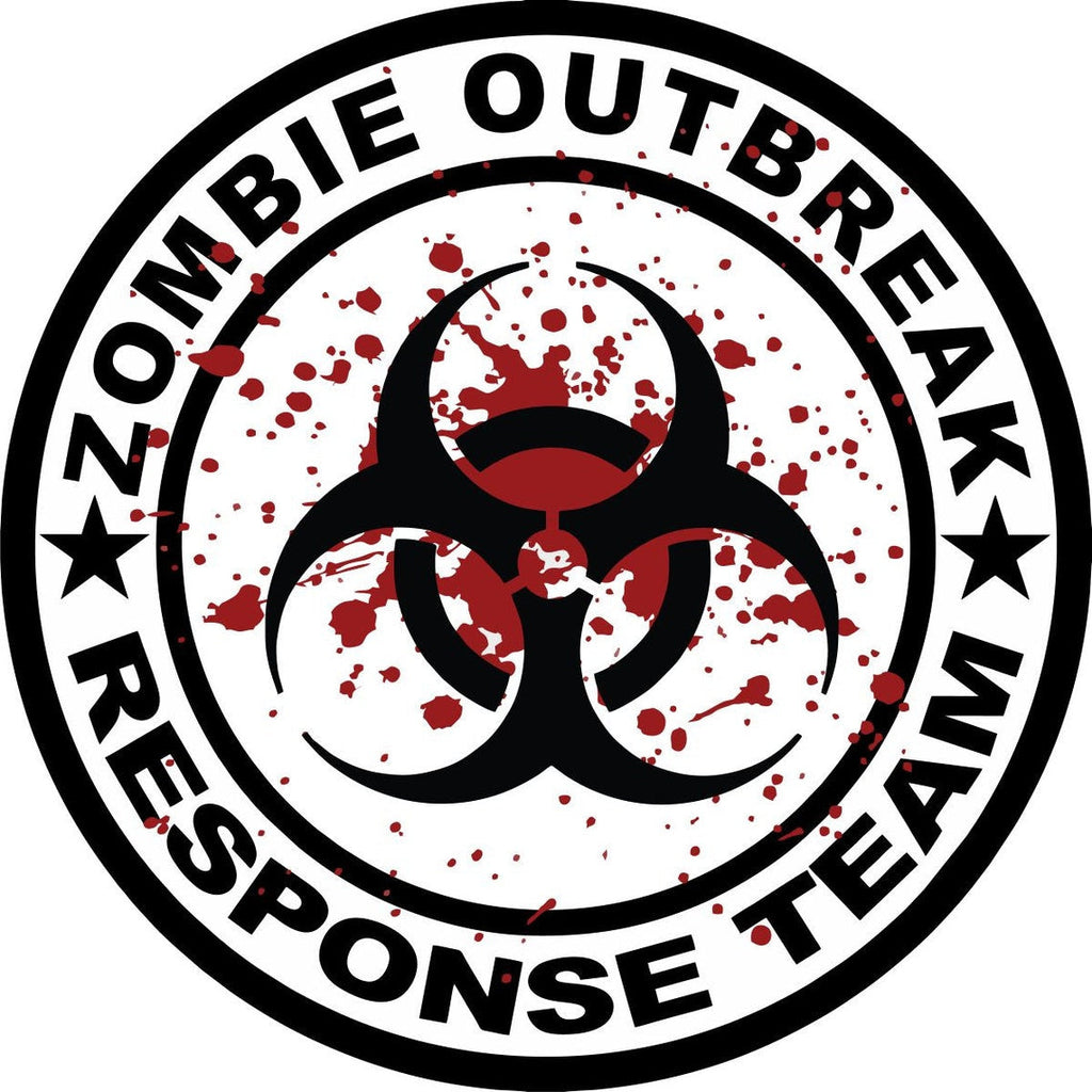 Spare tire cover for Jeep, Bronco, RV, Trailer, Camper with blood splatter and a biohazard symbol with the saying zombie outbreak response team on the sides.