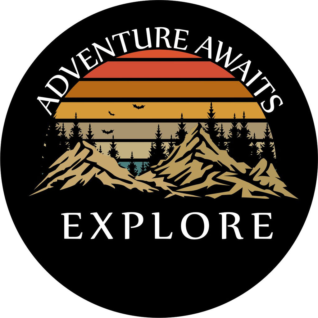 Black vinyl unique tire cover  design. Adventure awaits and explore written around mountains and layered striped lines to mimic that beautiful colors of the sky.