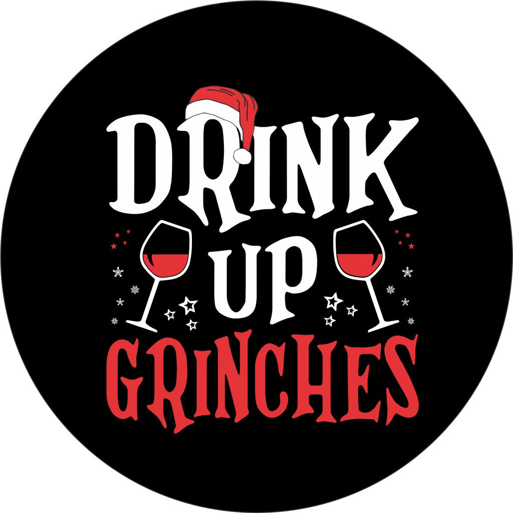 Holiday Christmas spare tire cover design. Drink up grinches, wine glasses clinking and a Santa hat spare tire cover.