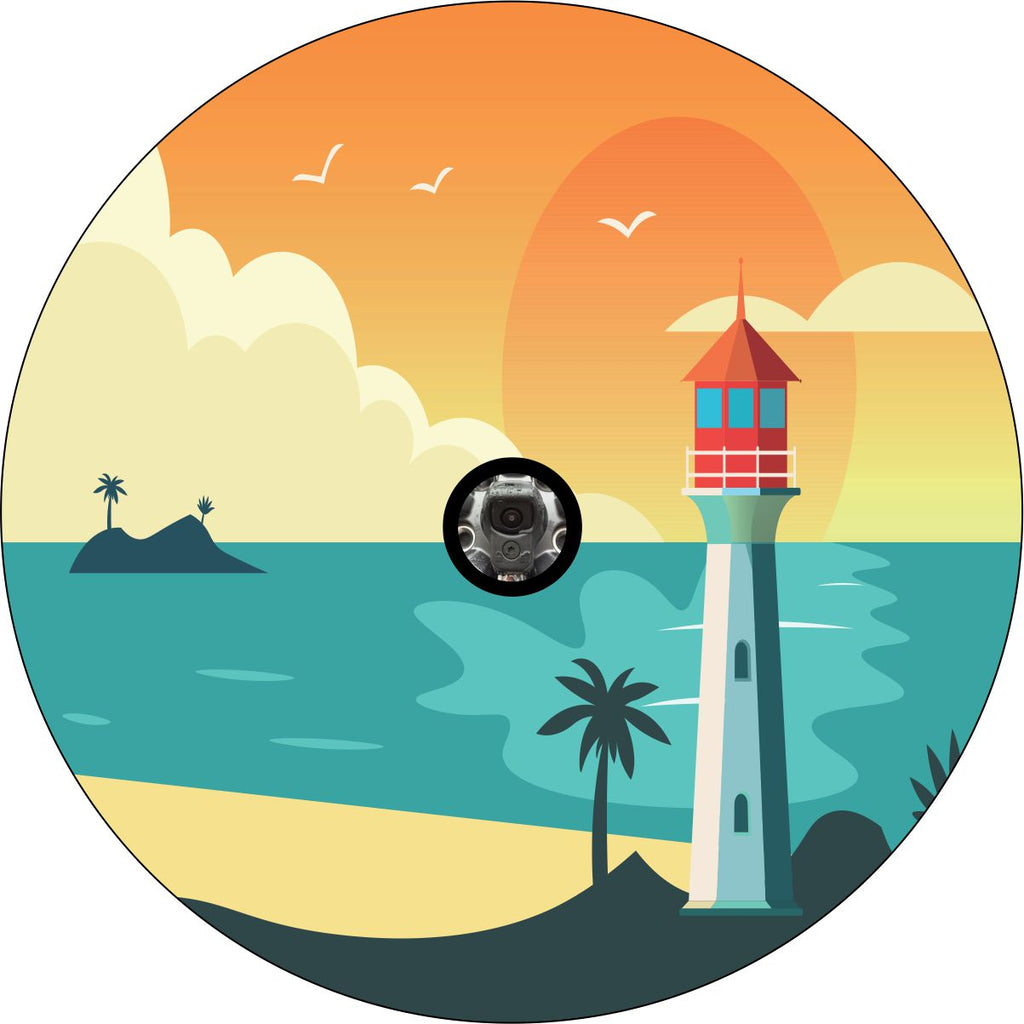 Coastal beach sunset lighthouse spare tire cover design for Jeep, Bronco, RV, campers, trailers, and more. Designed to accommodate a Jeep spare tire cover with camera hole.