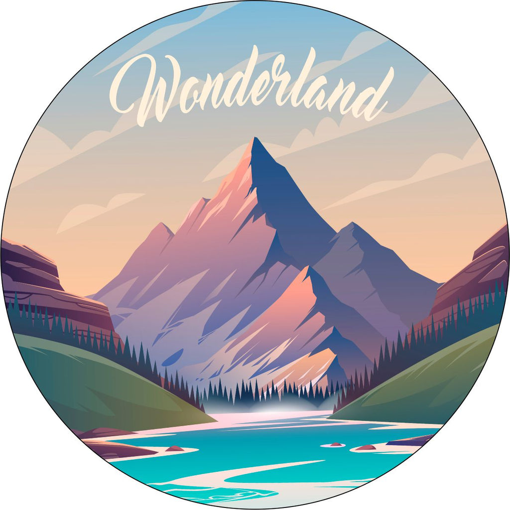 Picturesque towering mountain landscape, mountain peak towering above a river creative vinyl spare tire cover design custom made to order to fit any vehicle make and model including Jeep, RV, camper, Bronco, trailers, and more.