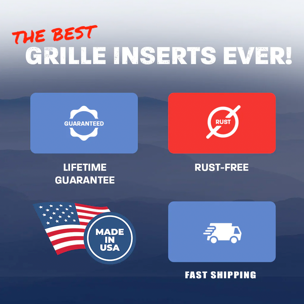 Advertisement for grille inserts with lifetime guarantee, rust-free, made in USA, and fast shipping icons on a blue background.