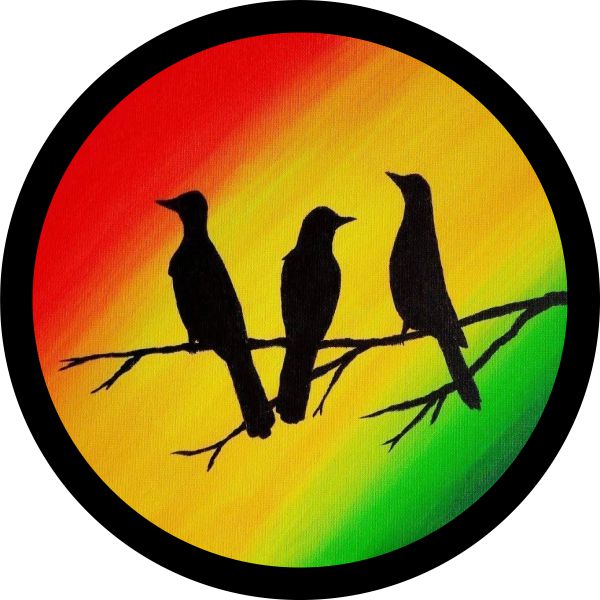 Vinyl spare tire cover for Jeep, Bronco, Campers, and more of red, yellow, and green Rastafarian painted colors and the silhouette of three little birds sitting on a stick. Wheel cover inspired by the Bob Marley song, Three Little Birds.