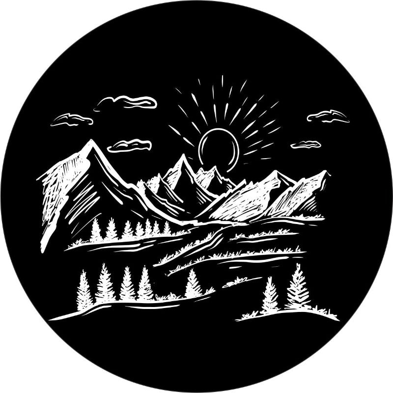Hand sketched designed spare tire cover of mountains in the distance with the sun dropping in the background.