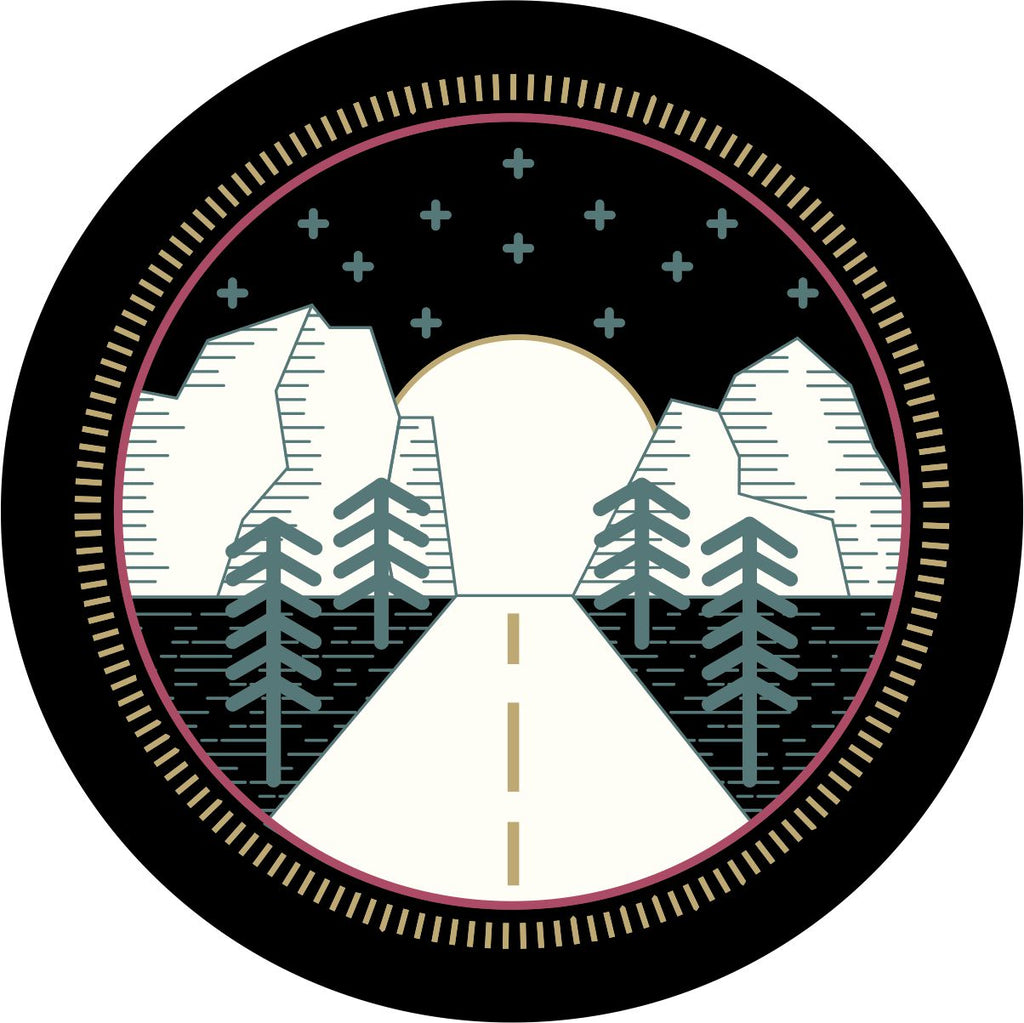 Thin lined graphics unique spare tire cover of nature, mountains, and the highway. Whimsical designed spare tire cover for RV, Bronco, Jeep, camper, and more