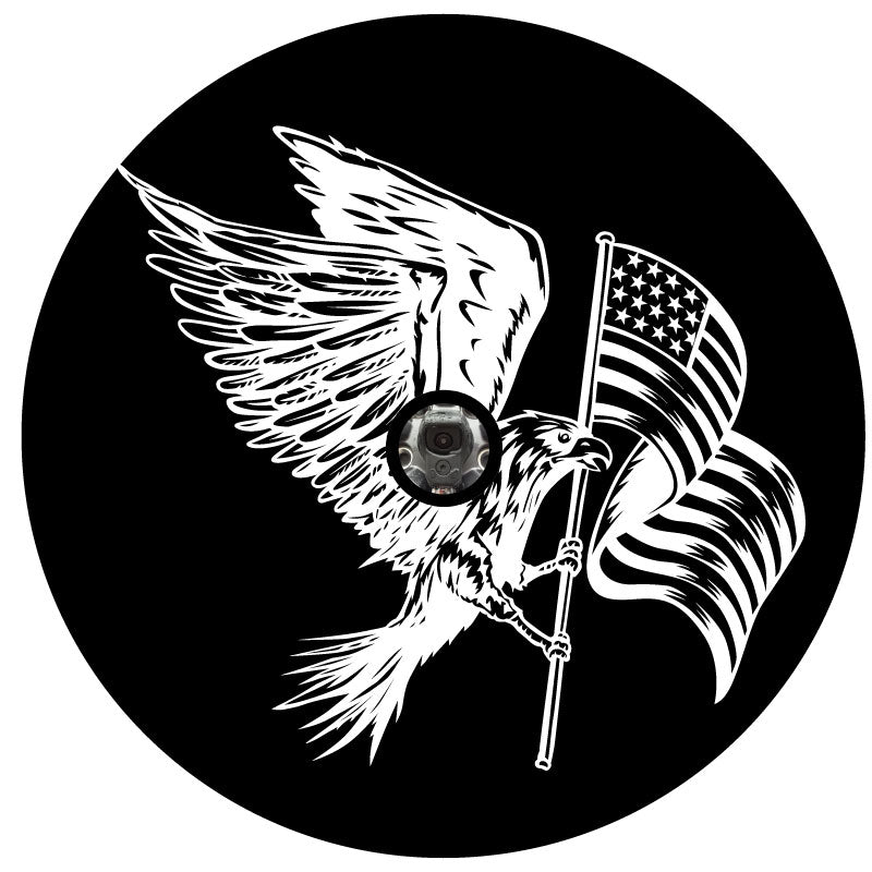 A spare tire cover design for a Jeep, Bronco, RV, Camper, Trailer, and more with an American eagle flying with the American flag in its claws. Designed for black vinyl tire cover with a back up camera