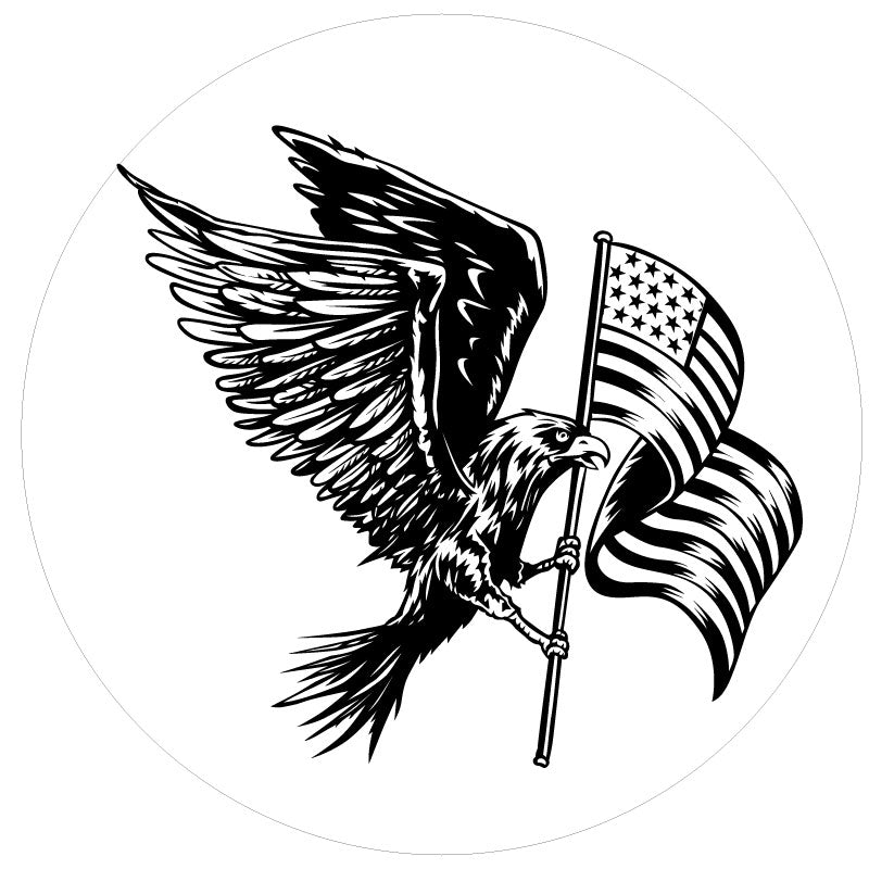A spare tire cover design for a Jeep, Bronco, RV, Camper, Trailer, and more with an American eagle flying with the American flag in its claws. Designed for white vinyl tire cover.