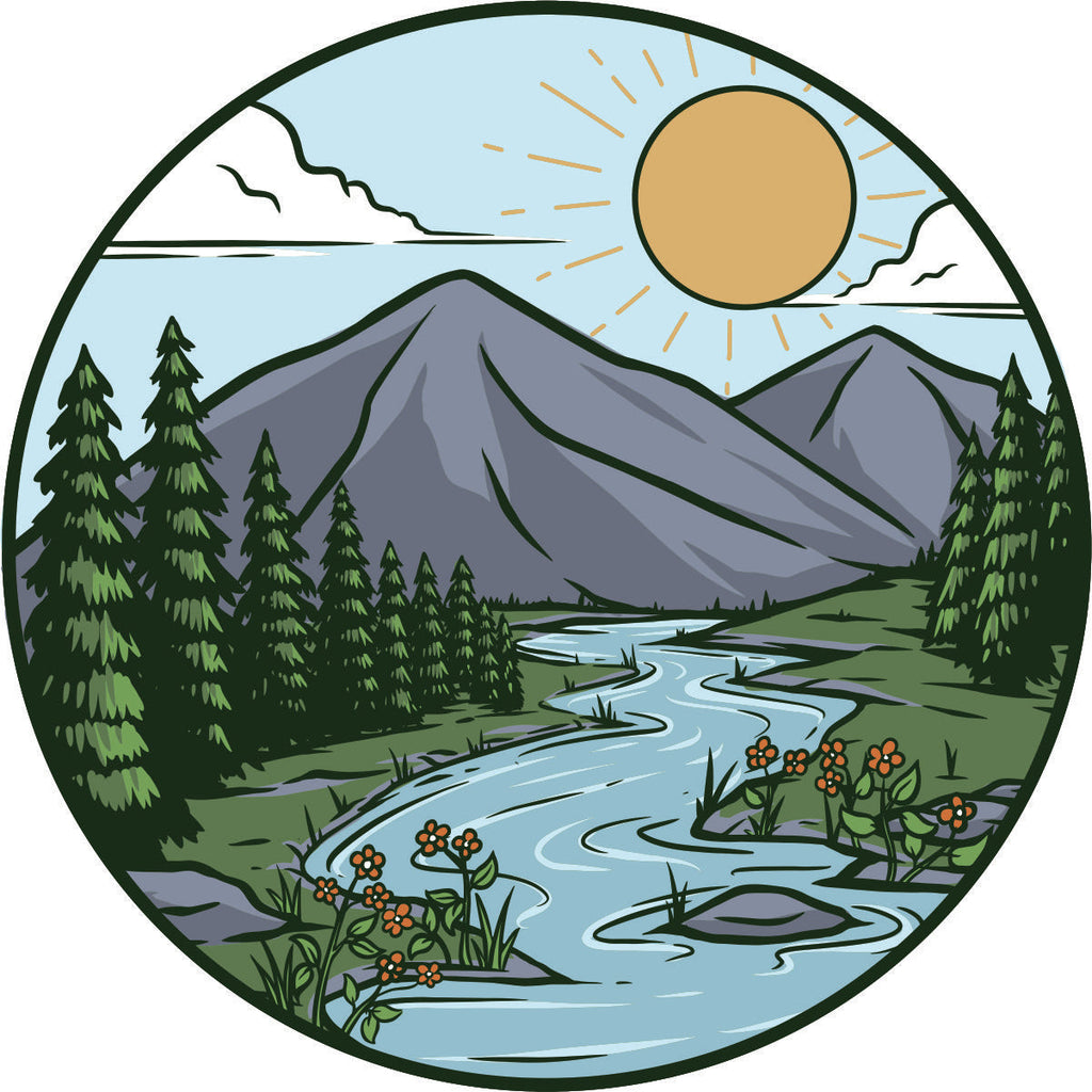 Sun, mountains, river, trees, painted unique spare tire cover design