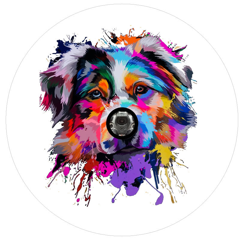 Beautiful bright multicolored artistic mosaic image of an Australian Shepherd spare tire cover on white vinyl and a back up camera spare