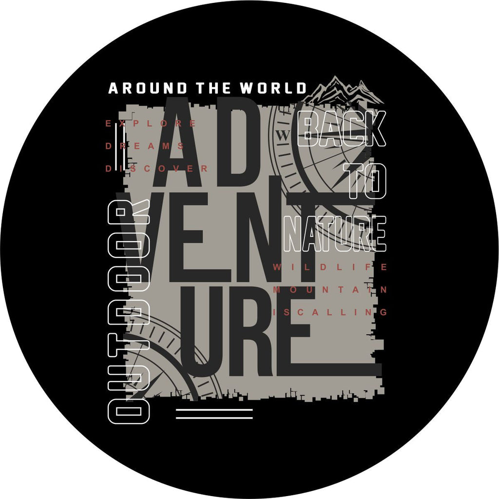 A fun creative spare tire cover using typography to create an artistic design. Words like adventure, outdoor, around the world, bak to nature, explore, discover, and more with a compass design.
