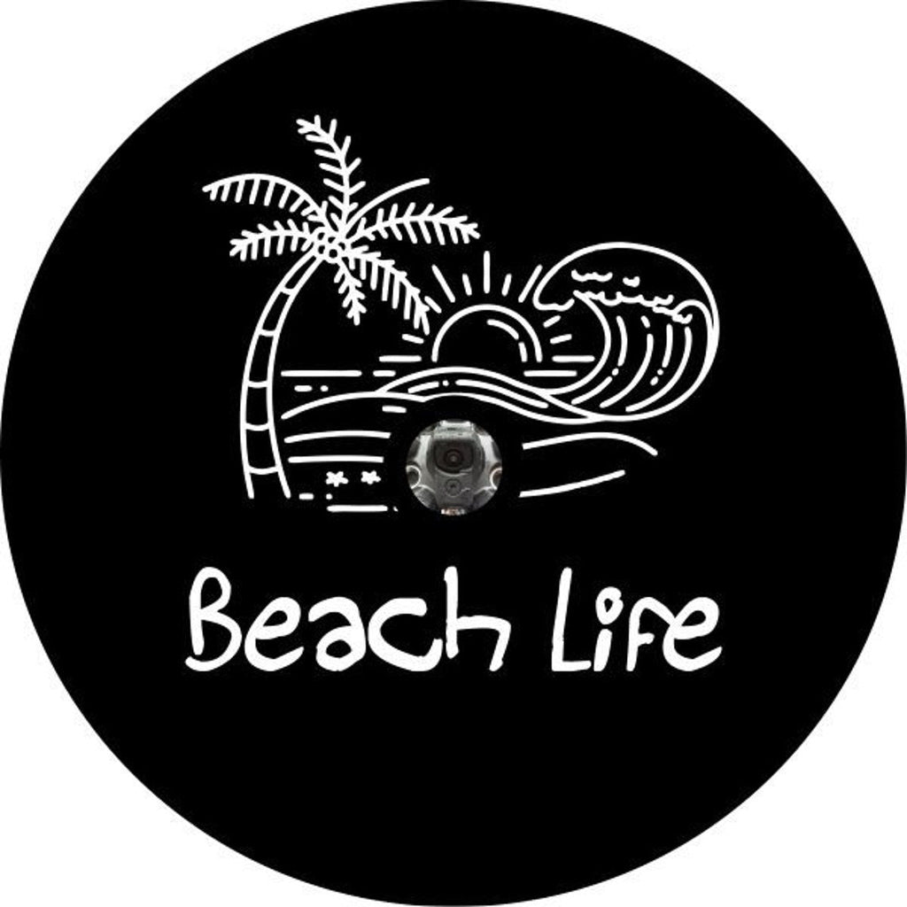 Hand-drawn simple beach scene design with waves and sunset & "beach life" written across the bottom. on black vinyl with back up camera for Jeep, Bronco, RV, Camper, Trailer, spare tire cover