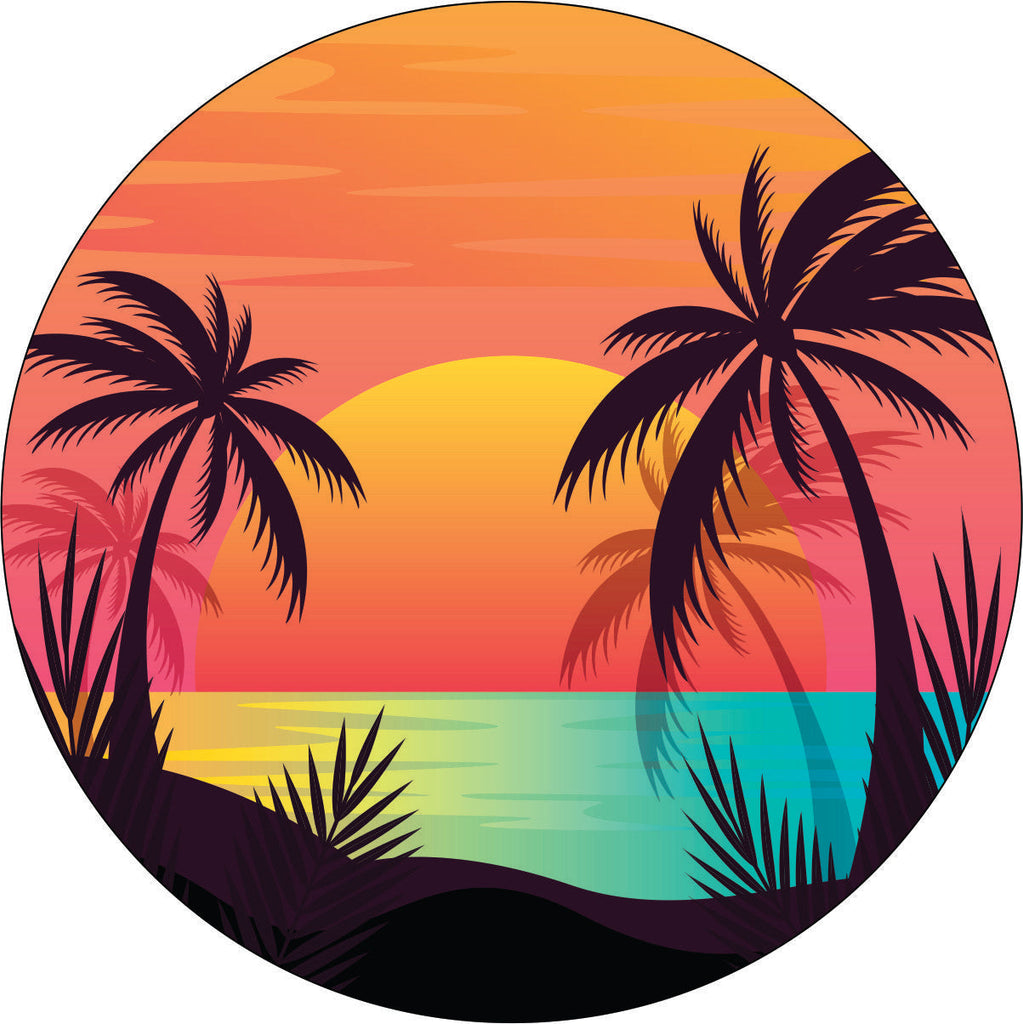 Tropical colors make up a sunset scene at the sea with palm tree silhouettes and the big sun setting on the horizon spare tire cover design 