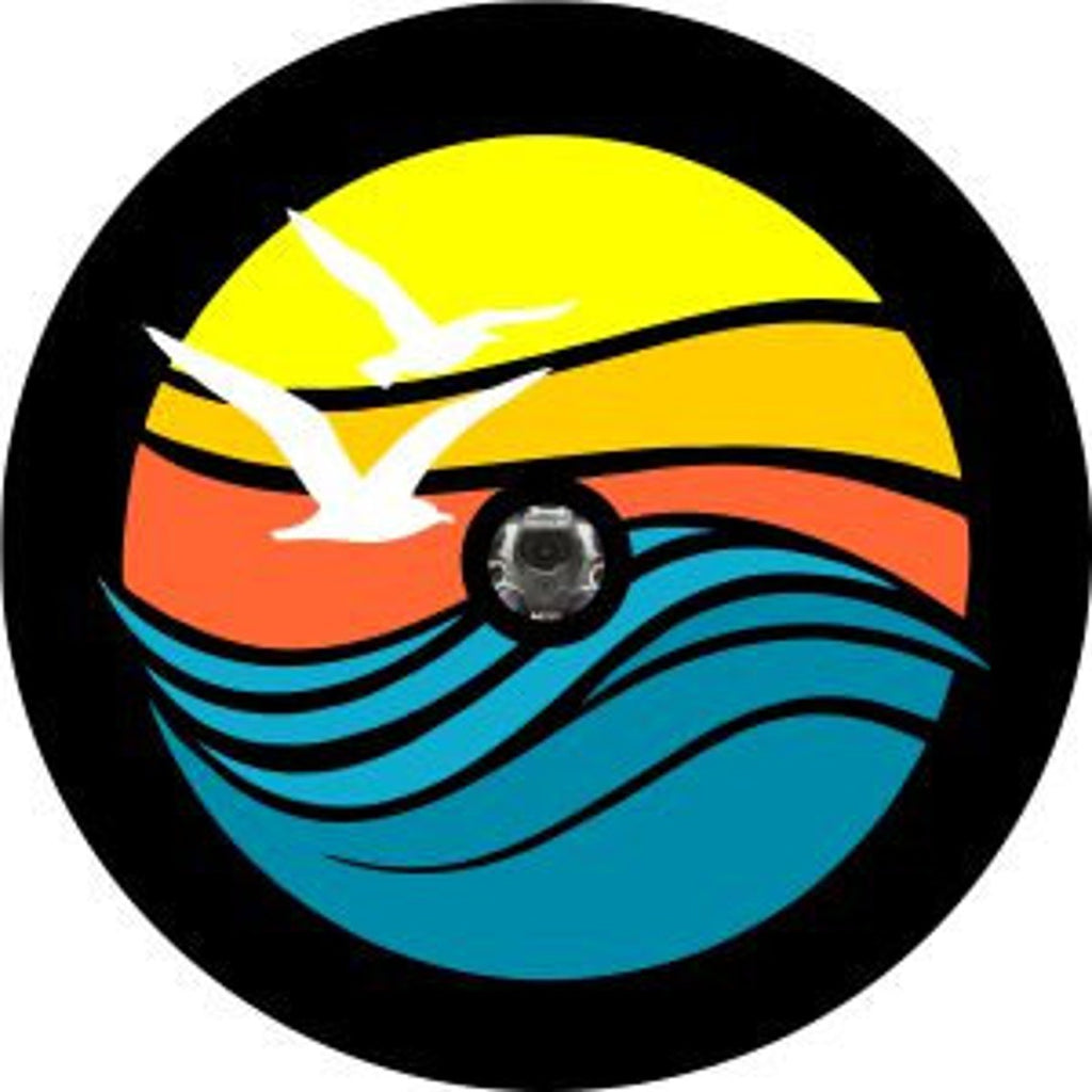Vinyl spare tire cover design that is beautiful and simple geometric designed ocean, sunset and seagulls flying. This design version can be printed on a black vinyl tire cover with a back up camera hole.