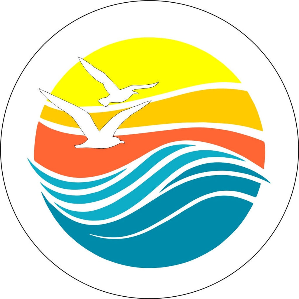 Vinyl spare tire cover design that is beautiful and simple geometric designed ocean, sunset and seagulls flying. This design version can be printed on a white vinyl tire cover.