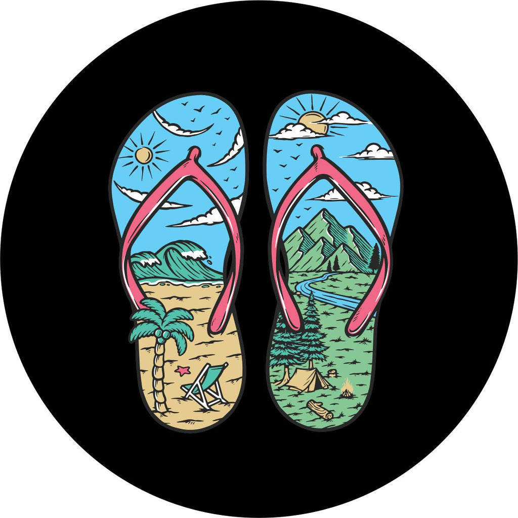 Bright and colorful spare tire cover of flip flops with flip flopped designs of each sandal with one of a tropical beach and the other a mountain camping scene.