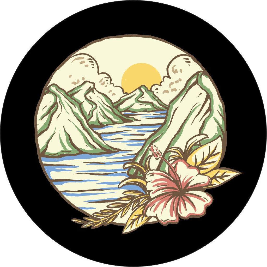 Vintage style hand drawn spare tire cover design of the sea running between the mountains at sunset with a beautiful tropical hibiscus flower.