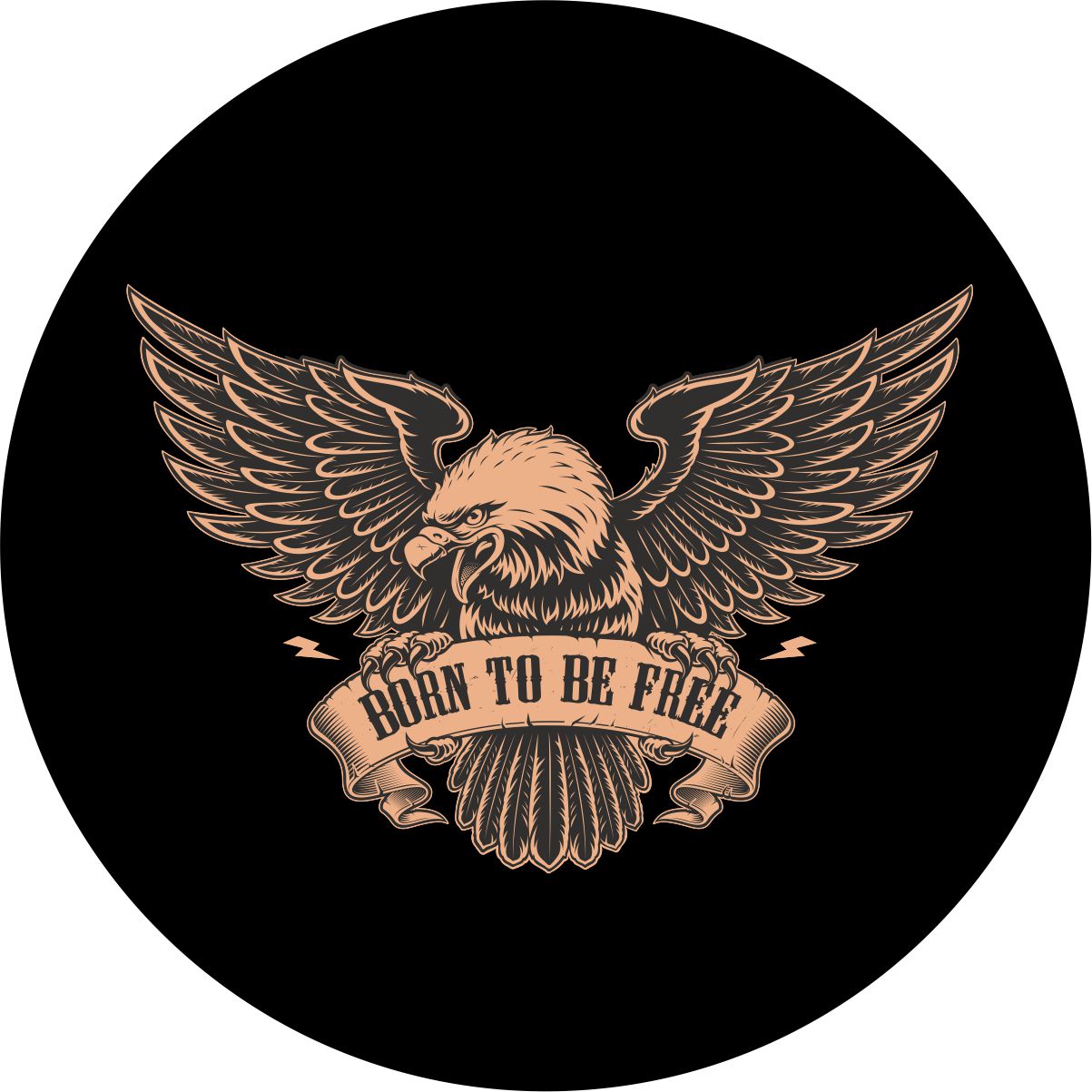 A vintage emblem of a fierce American bald eagle spare tire cover with a sign that says born to be free. Proud American patriotic spare tire cover design.