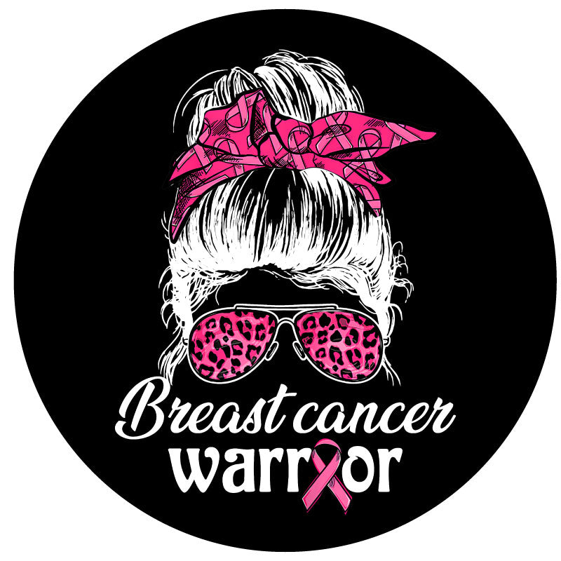 Spare tire cover for campers, RV, Jeep, Broncos, trailers, and more. Design is a silhouette of a girl with a messy bun top knot and a breast cancer pink ribbon hair ribbon with pink leopard sunglasses plus the words breast cancer warrior for black vinyl spare tire cover.
