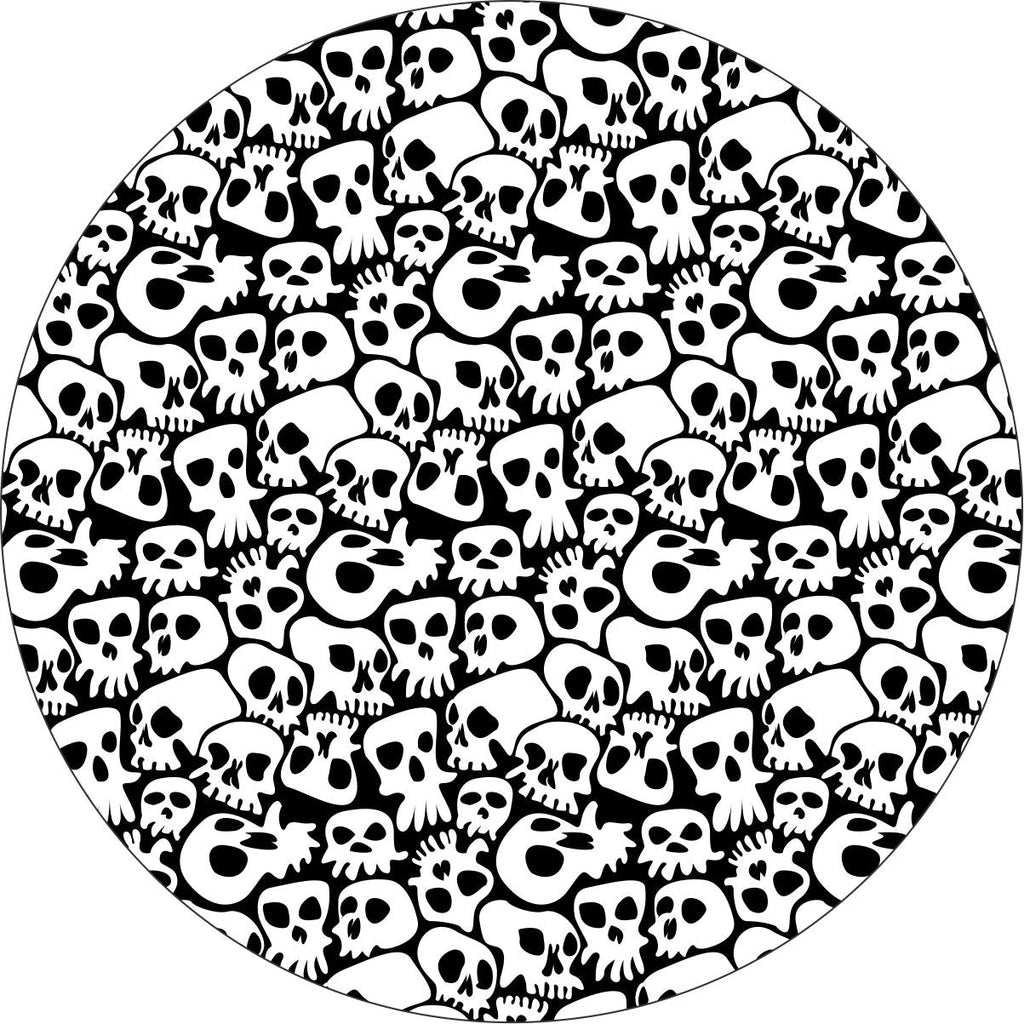 Fun and funky spooky skull spare tire cover pattern. Skulls covering the entire area of the black vinyl spare tire cover. 