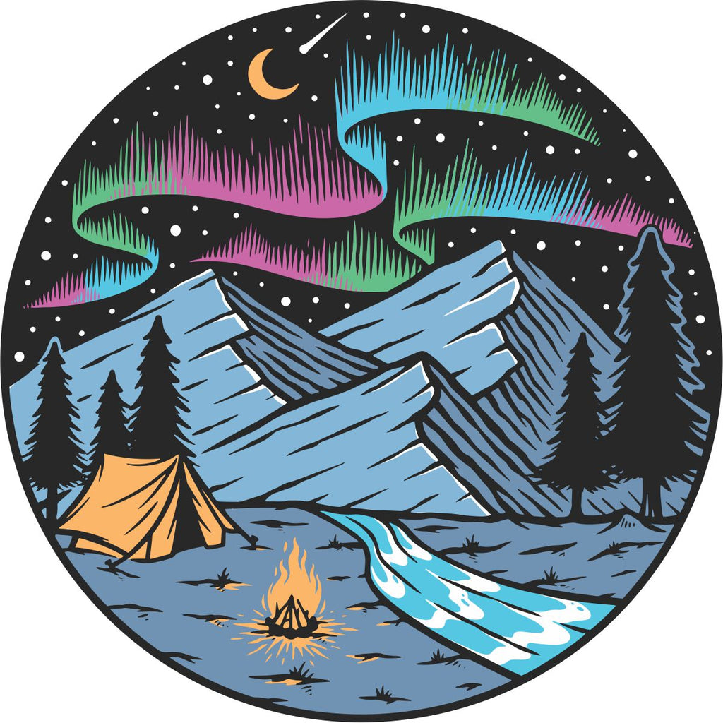 Spare tire cover design of a dreamy evening camping in the mountains under a starry sky of the milky way and the northern lights with a shooting star.