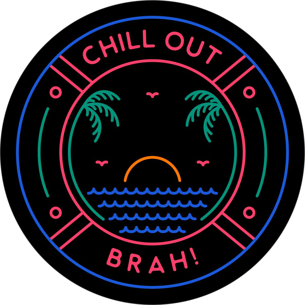 Black vinyl spare tire cover with neon thin line beach tropical design and the saying chill out brah